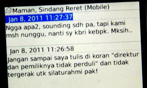 SMS dari saya kepada Manajer Sindang Reret (Pak Maman) untuk meyakinkan bahwa informasi sudah sampai kepada direktur atau pemiliknya, dan jawabannya dari pak Maman.